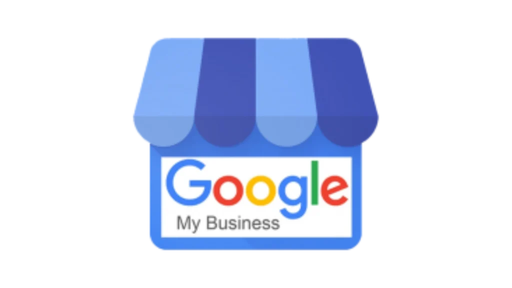 Logo for Google My Business, featuring a storefront icon with a blue and white striped awning and the "Google" name in colorful letters.
