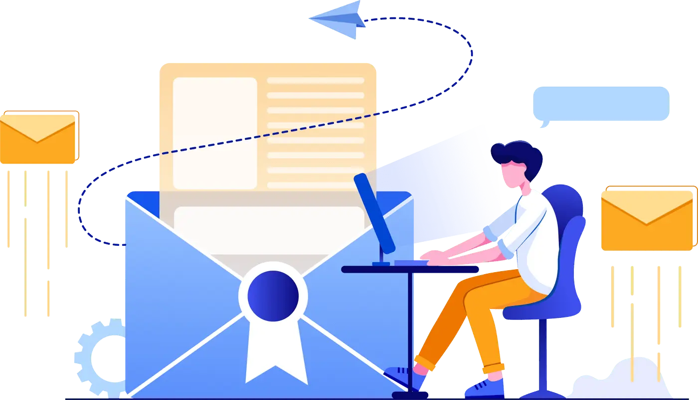 A person at a desk uses a computer to send emails, with icons symbolizing sent and received messages around them.