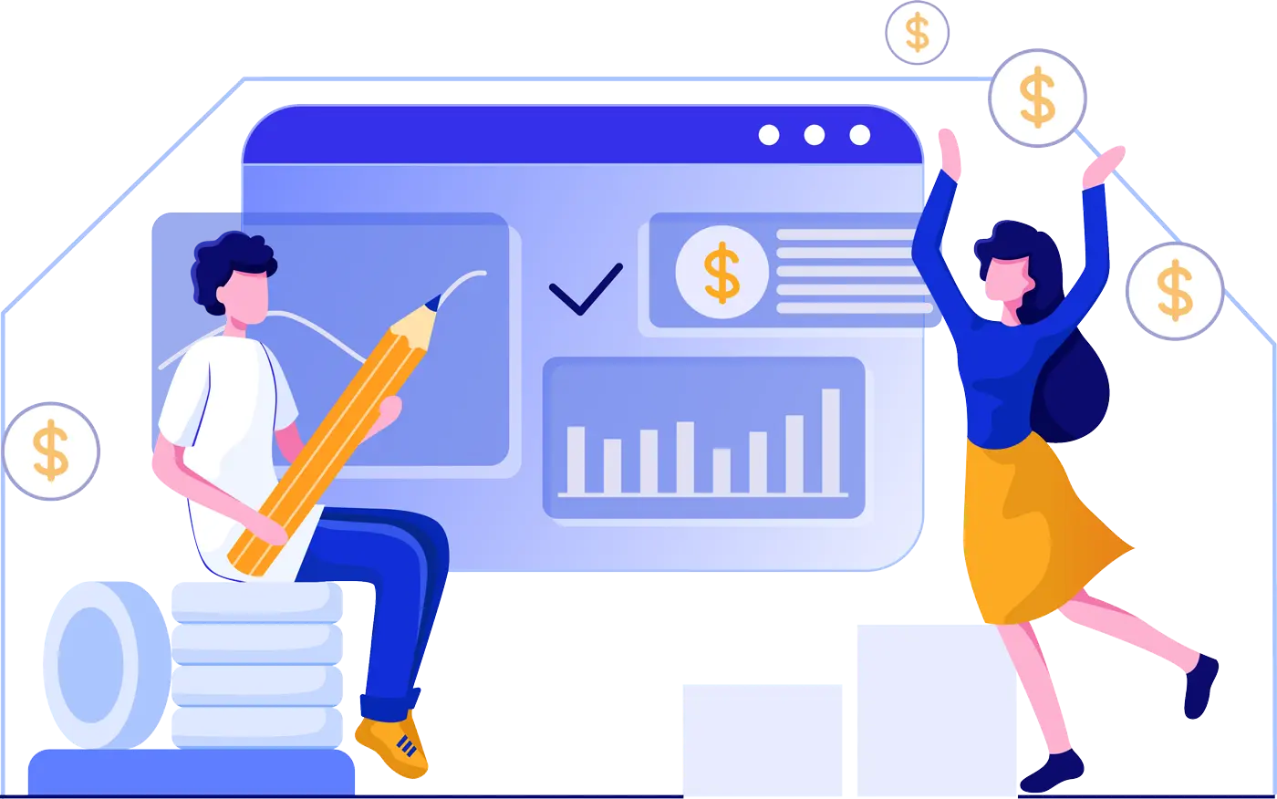 A man sketches on a tablet while a woman celebrates, surrounded by dollar signs and financial graphs, symbolizing success in business.