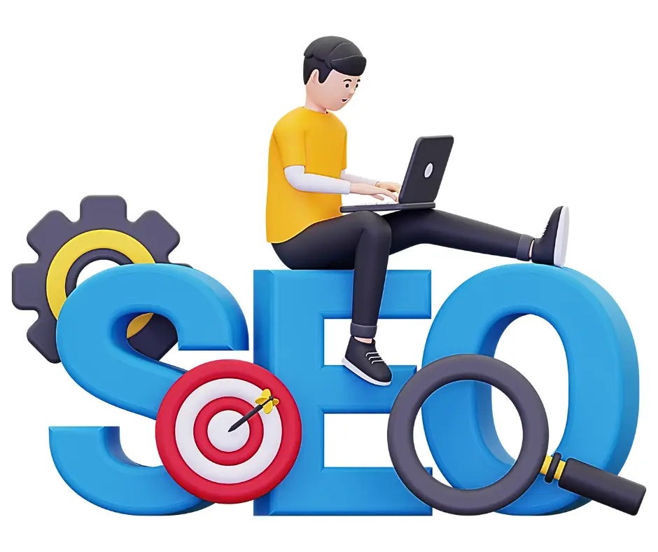 3D illustration of a person using a laptop sitting on large SEO letters with target and gear icons, symbolizing SEO services